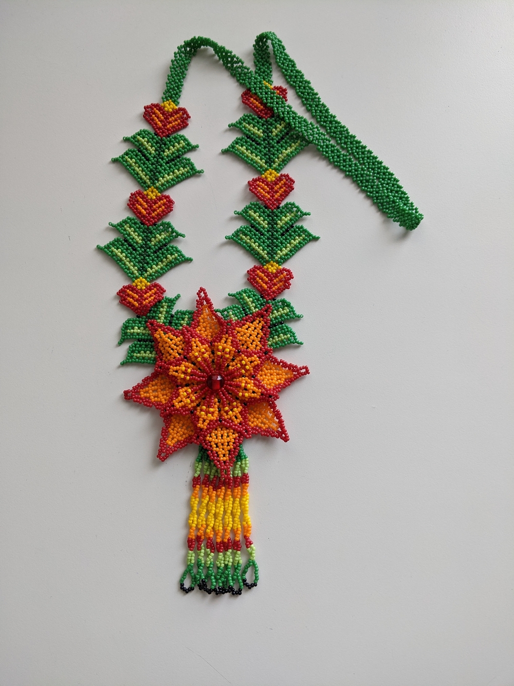 Handcrafted Red, Yellow & Green Beaded Floral Necklace